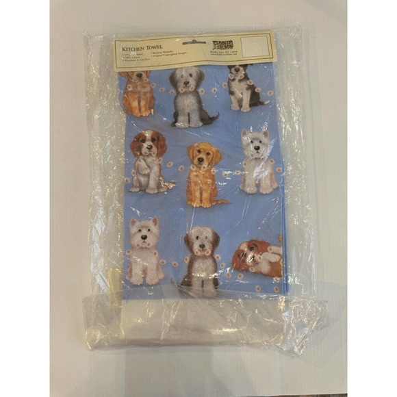 Fiddlers Elbow Dog Puppies Portraits Flowers Blue Kitchen Dish Towel Vtg NEW - Picture 4 of 4